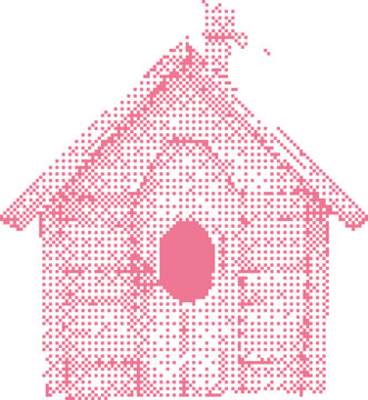 Rustic birdhouse illustration with pink pixelated design and circular opening against white background