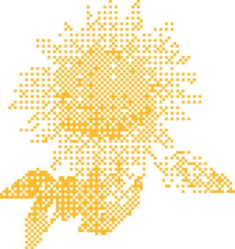 Stylized sun character with radiating petals against a white background in a pixelated abstract design