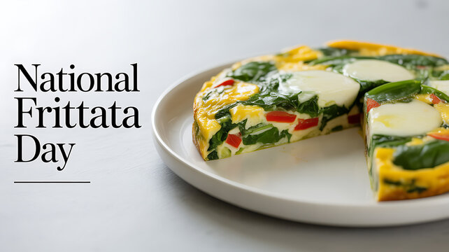 A sliced frittata with spinach, tomatoes, and eggs on a white plate, celebrating National Frittata Day