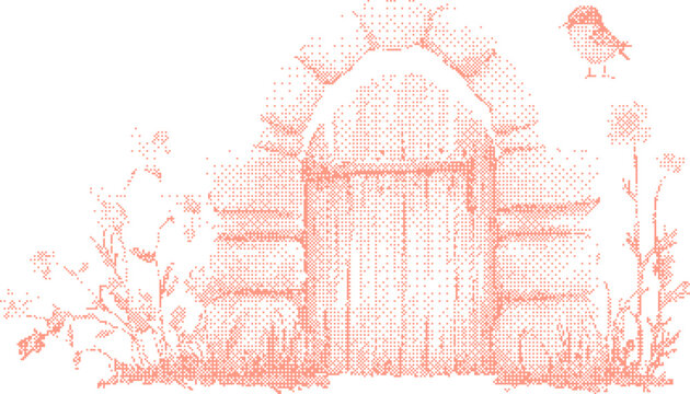 Enchanted stone archway with rustic wooden door and delicate bird in a whimsical garden setting