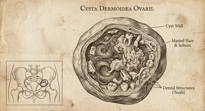 Vintage Medical Illustration Dermoid Cyst Ovary Pelvic Anatomy Diagram.