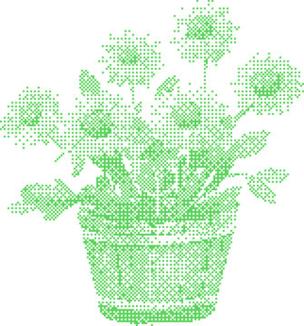Green daisy flowers in a basket with a pixelated effect during daytime