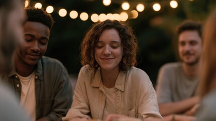 Naklejka premium Group of four young people sitting around a table in a garden or outdoor setting. they are engaged in a conversation and appear to be engaged in some kind of activity.