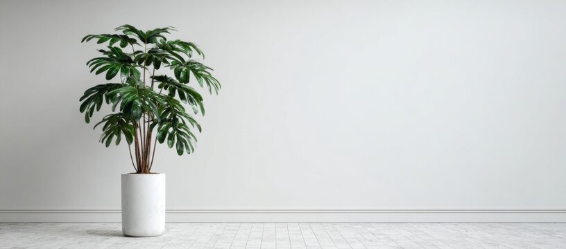 A tall green potted plant stands in a minimalist white room with a white wall and floor.