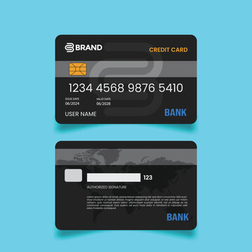 Premium credit card mockup, dark design, world map, security chip, bank logo, user name, issue and valid dates, financial.