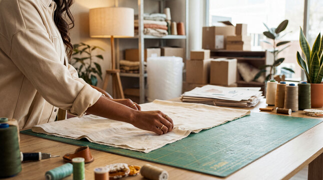 Woman meticulously measuring and cutting fabric at her home studio desk, showcasing handmade craft and textile design.