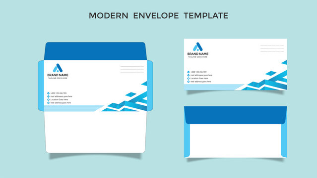 Modern corporate envelope template set featuring blue geometric shapes and professional layout