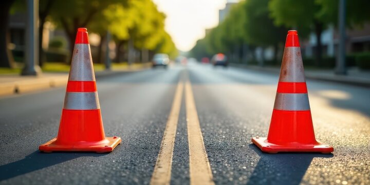 Two vibrant orange traffic cones stand sentinel on a sun-drenched asphalt road, their reflective bands gleaming, signifying a temporary pause in the flow of vehicular traffic.