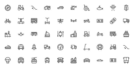 Transport icon set. Minimalist vector icons pack. Featuring compass, tractor, car, helicopter, bus, train, submarine, bicycle and more. © wang