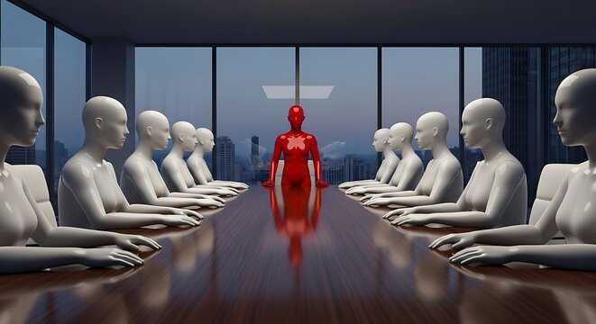 Red mannequin standing out among white mannequins in conference room