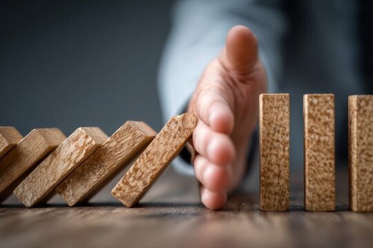 Business Hand Stops Domino Effect of Falling Blocks.
