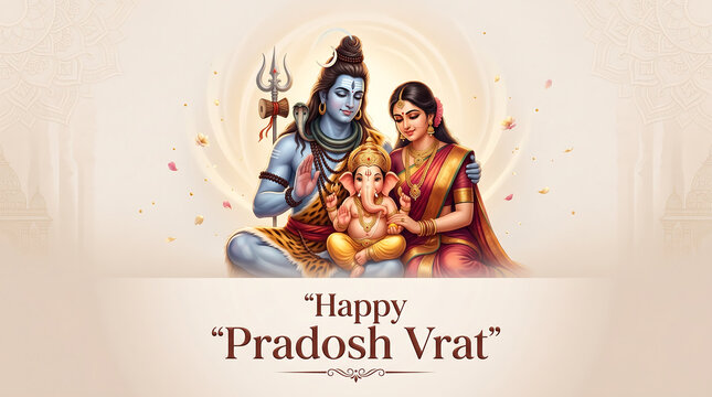 Hindu family celebrating pradosh vrat with lord shiva and family in traditional attire