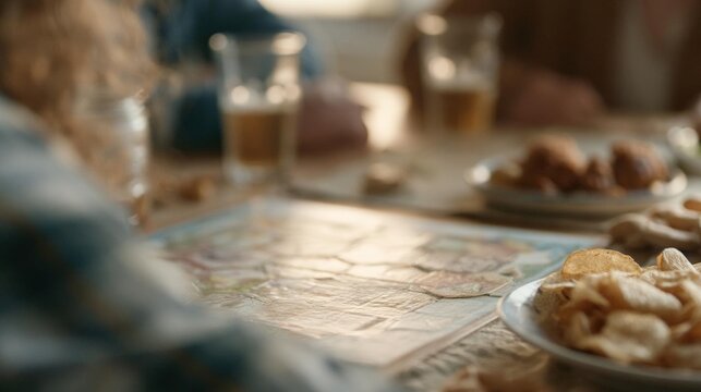 Close-up of a table with a map on it. on the table, there are several plates of food and glasses of beer.