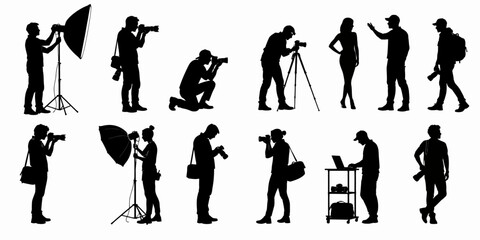 Fototapeta premium Photographers and models pose together outdoors with equipment and tripods capturing moments