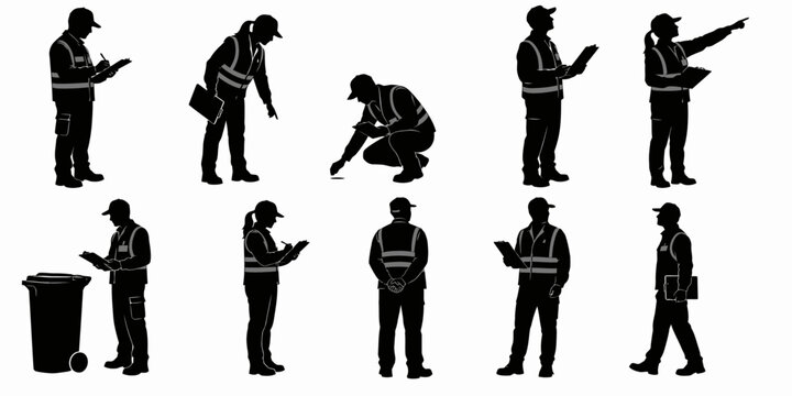 Workers in various poses wearing safety vests and hard hats outdoors actively engaged.