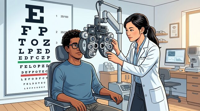 Eye exam illustration, an ophthalmologist conducting a vision test on a male patient, comprehensive eye care and optical health, medical check-up for eyesight correction.