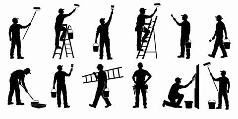 Fototapeta premium Workers painting building exterior with rollers and brushes on ladders