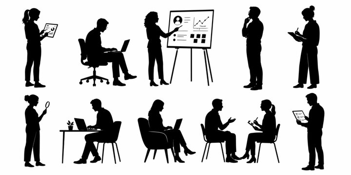 Business professionals collaborate and work together in an office setting with laptops and a presentation on a whiteboard.