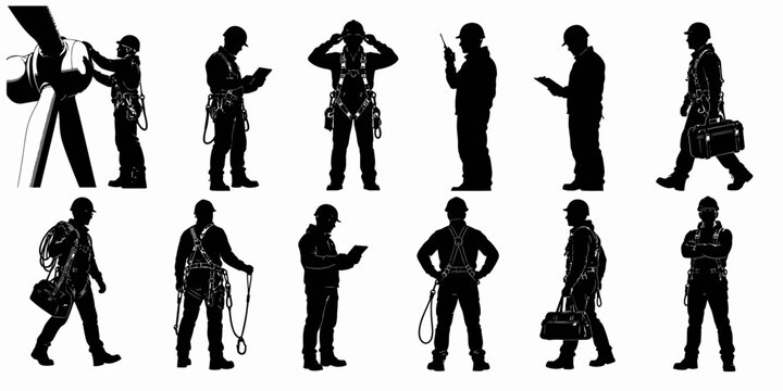 Silhouettes of various workers standing in different poses with equipment on a plain background image-256.ai