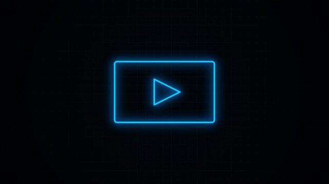 Blue neon media player icon glowing against a black background in a minimalist cinematic shot for multimedia interface design