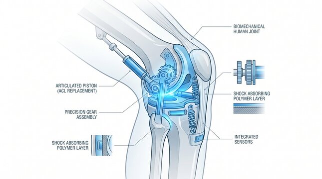 Biomechanical Human Joint, a detailed illustration of an artificial knee replacement with articulated piston and precision gear assembly, integrated sensors, and shock-absorbing polymer layers