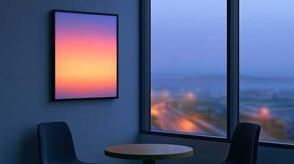 Fototapeta premium Modern room with sunset art above chairs and table by window