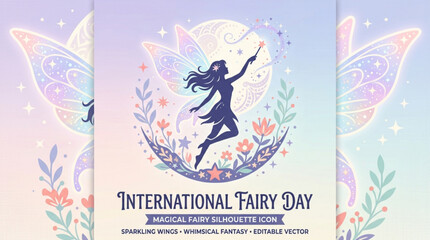 Fairy silhouette with sparkling wings dancing under a full moon surrounded by flowers and leaves in a whimsical fantasy setting © Waqas