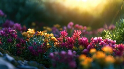 Obraz premium Sunlit meadow ablaze with colorful wildflowers, soft focus, warm light