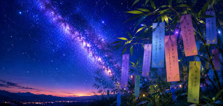 星空と笹飾りが美しい七夕背景イラスト