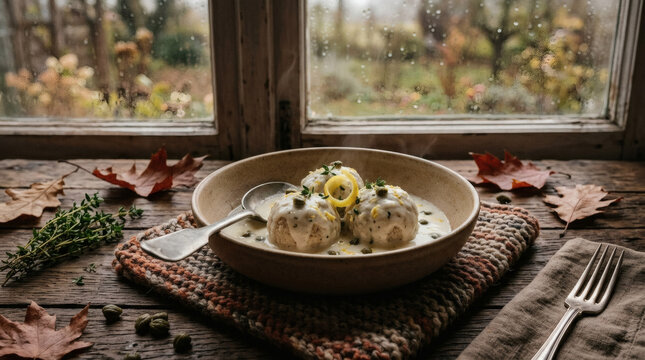 Koenigsberger Klopse Meatballs in Creamy Caper Sauce on Rustic Table
