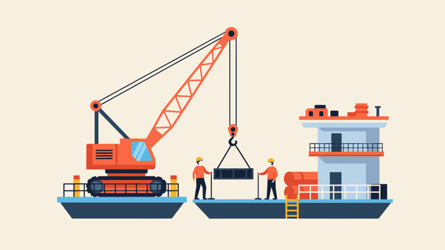Cargo crane loading container onto ship with workers supervising, industrial logistics and maritime transport illustration