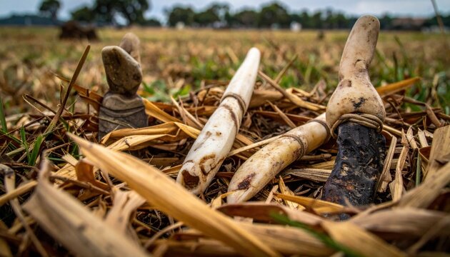 Ancient bone and flint primitive tools discovered nestled among dry leaves in a field, offering a glimpse into prehistoric craftsmanship and survival techniques.