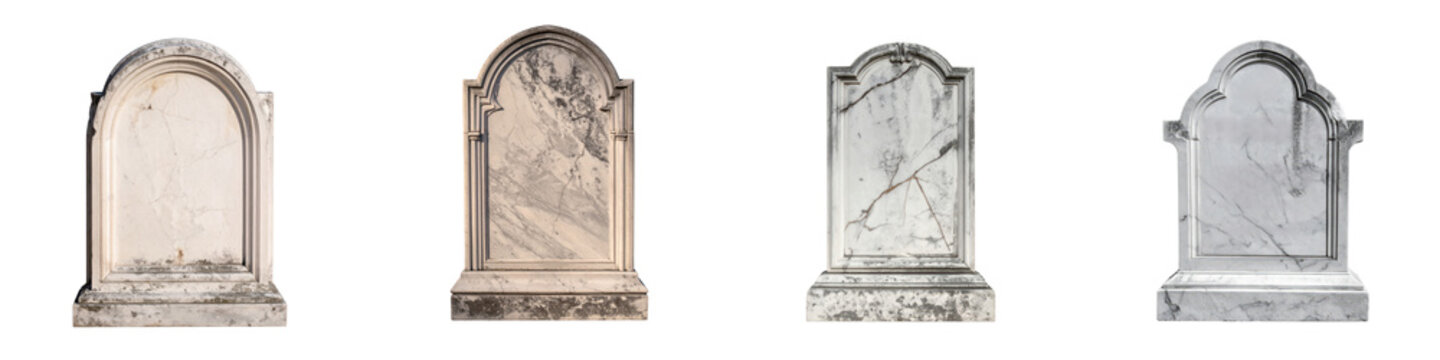 Four different upright granite and marble headstones with weathered textured surfaces