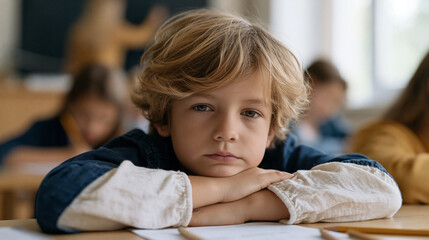 Fototapeta premium Gifted elementary student slumped over completed worksheet while classmates still working, chin resting on forearms with distant bored expression, teacher occupied at chalkboard, afternoon overcast 