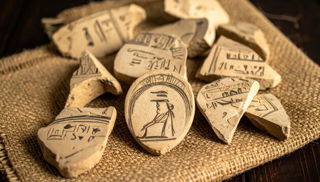 Collection of ancient Egyptian pottery shards with Demotic script fragments and detailed drawings