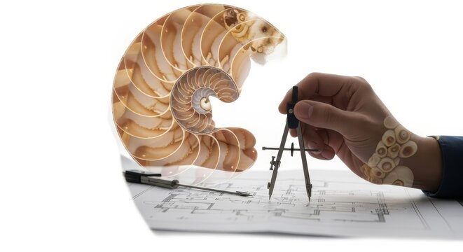 Professional planning with precision compass on blueprint alongside nautilus shell illustration