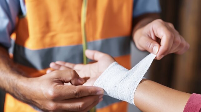 Worker applying bandage to injured wrist on construction site, close up first aid and safety response.
