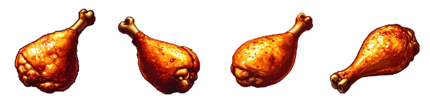 Four crispy fried chicken drumsticks shown from different angles in  realistic food illustration style