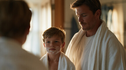 Father teaching young son to shave for the first time at a bathroom mirror, Fathers Day milestone, generational ritual, suburban home, morning light, masculine grooming tradition, coming of age mome