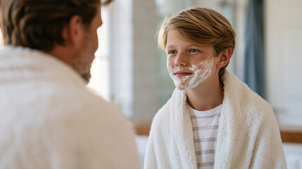 Father teaching young son to shave for the first time at a bathroom mirror, Fathers Day milestone, generational ritual, suburban home, morning light, masculine grooming tradition, coming of age mome