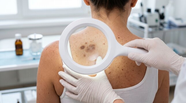 Dermatologist examining skin moles with magnifying glass, clinical skin cancer screening on female patient, dermatology checkup for melanoma prevention