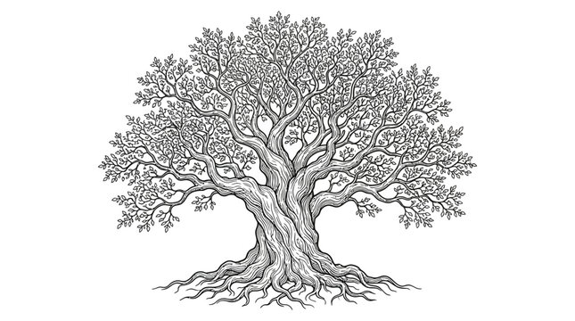 Hand drawn olive tree illustration with gnarled trunk and roots