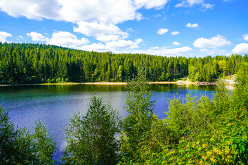 Obraz premium View of the Sosa Dam near Eibenstock and the surrounding landscape. Nature in the Saxon Western Ore Mountains. 