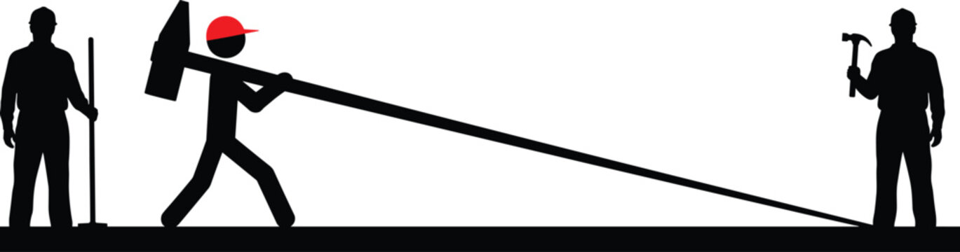 Construction worker silhouettes using lever principle with hammer and tools illustrating physics force and teamwork concept vector