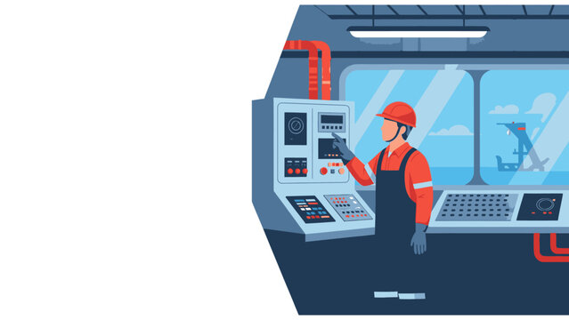 Industrial worker in hard hat operating control panel in offshore platform control room with ocean view
