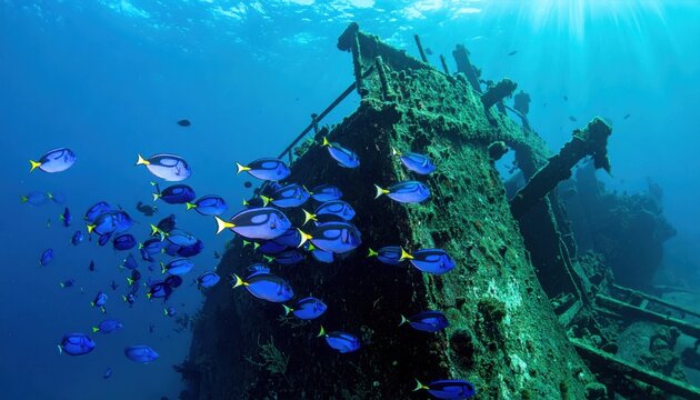 Vibrant School of Blue Tang Fish Swims Gracefully Around a Sunken Shipwreck in the Deep Blue Ocean
