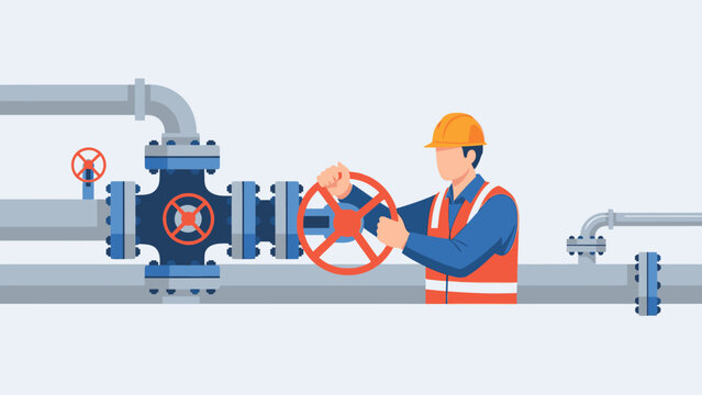 Worker in hard hat and safety vest operating a large industrial valve on a pipeline system