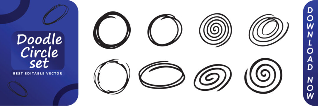 Hand drawn doodle circle collection with sketch spiral round shapes abstract artistic outline elements isolated on white background for creative graphic design use