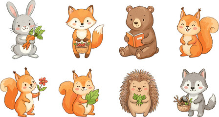 Obraz premium Cute Woodland Forest Animal Character Collection with Rabbit Fox Bear Squirrel Hedgehog and Wolf in Adorable Cartoon Vector Illustration Style