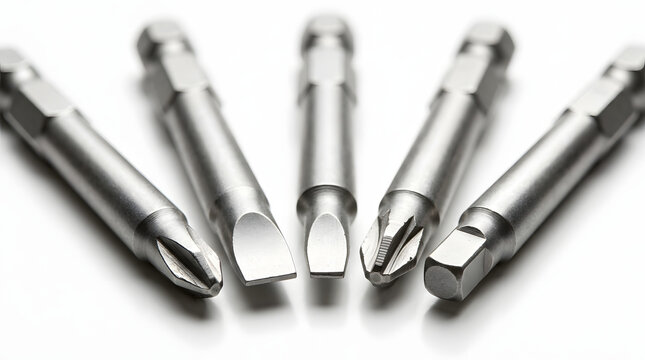 Set of various metal drill bits on a white surface